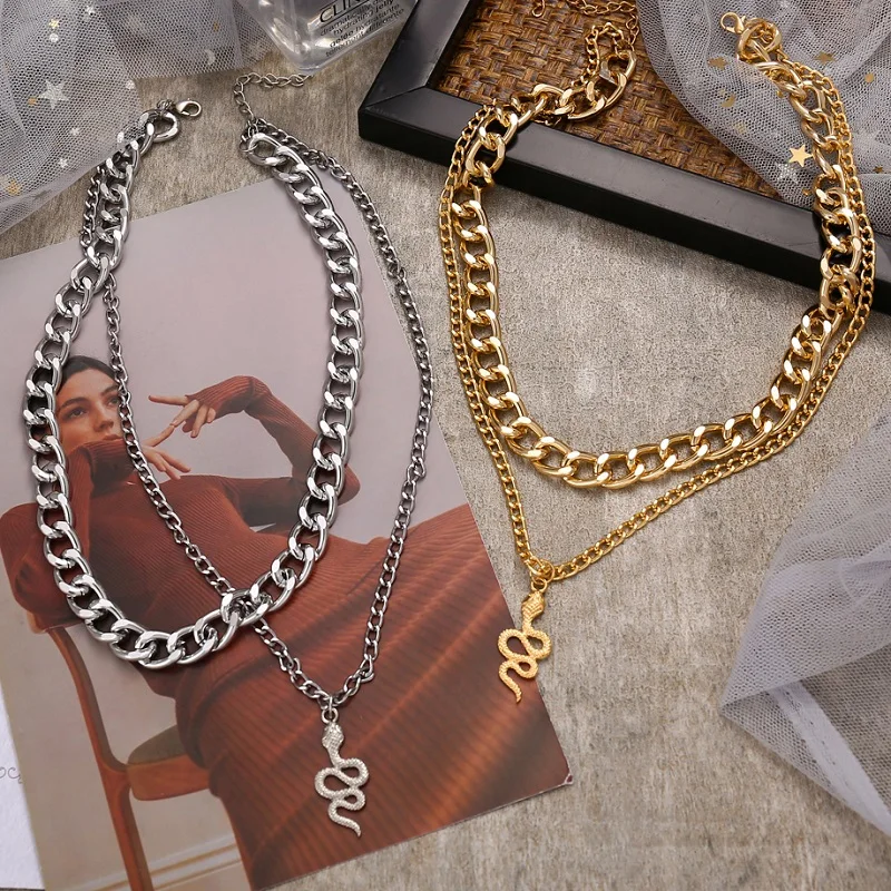 Punk Vintage Snake Pendant Necklace For Women Hip Hop Gold Color Multilayer Chunky Chain Portrait Coin Necklace Fashion Jewelry