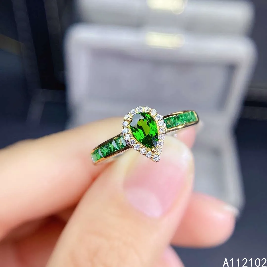 

KJJEAXCMY fine jewelry 925 sterling silver inlaid natural diopside Women's delicate water drop two color ring support check