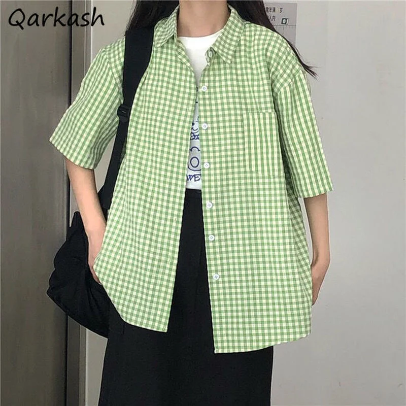 Plaid Shirts Women Tops Preppy Minimalist Summer All-match Teens Chic Basic Soft Fashion Popular Single Breasted Loose Blusas