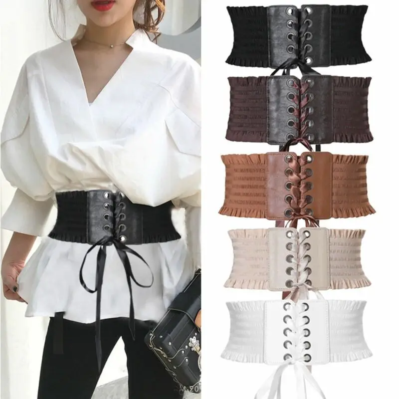 

Women Ladies Soft PU Leather Wrap Around Tie Belt Lace Up Cotton Eyelet Bustier Belt Cinch Waist Wide Suit Belt