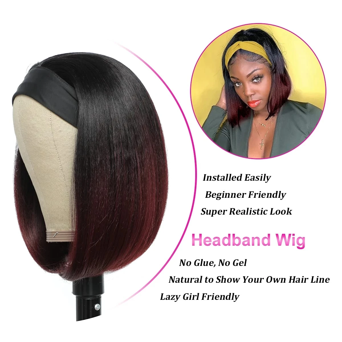 Straight Short Bob Wigs with Headband 10 12 14 inch Synthetic Glueless Machine Made Wigs for Black Women Many Color New