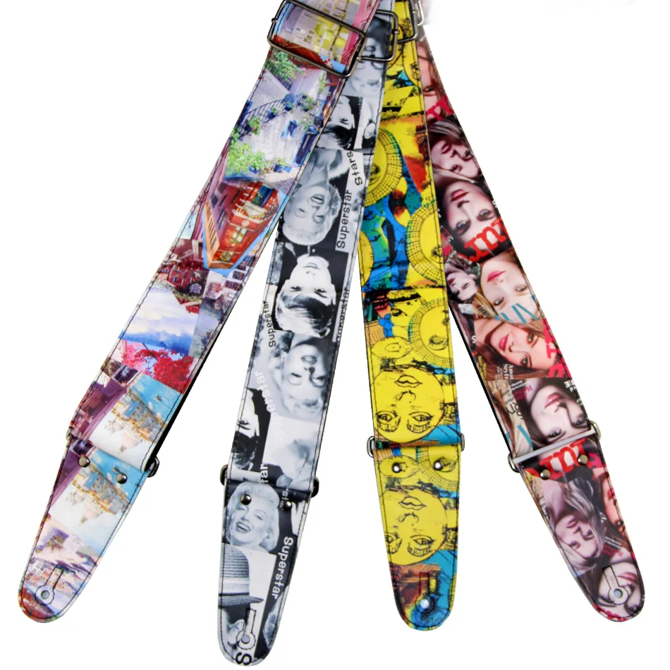 New PU Acoustic Electric Guitar Strap Woven Embroidery Fabrics Leather Ends Strap