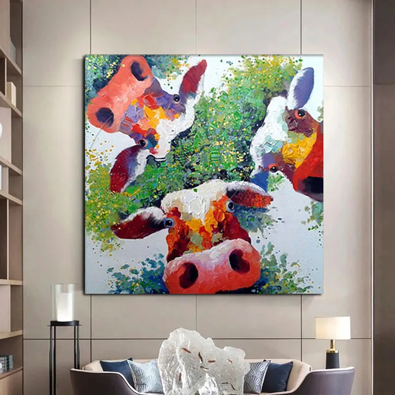 

100% Hand Painted Colorful Cow Oil Painting Art Handmade Abstract Large Size Wall Decorative Art Animal Pictures Painting