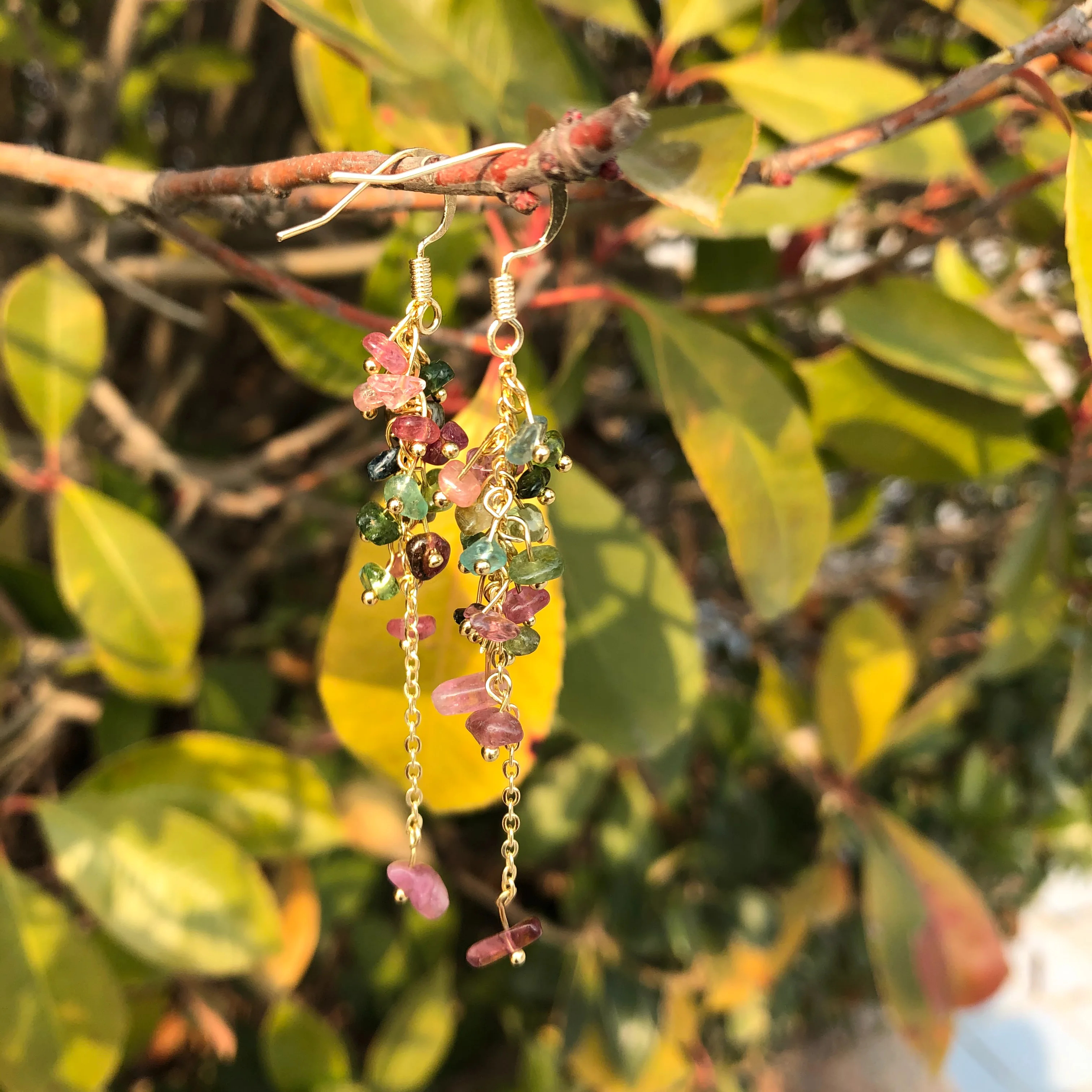 1 Pair Fengbaowu Natural Multicolored Gem Tourmaline Elbaite Chips Gravel Earring Crystal Healing Stone Women Jewelry Gift