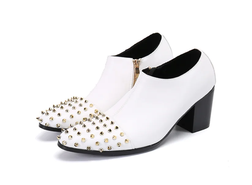 

Autumn Winter Men's High Heels Dress Business Boots Men Rivets Genuine Leather Wedding Formal Fashion White Stage Rock Shoes