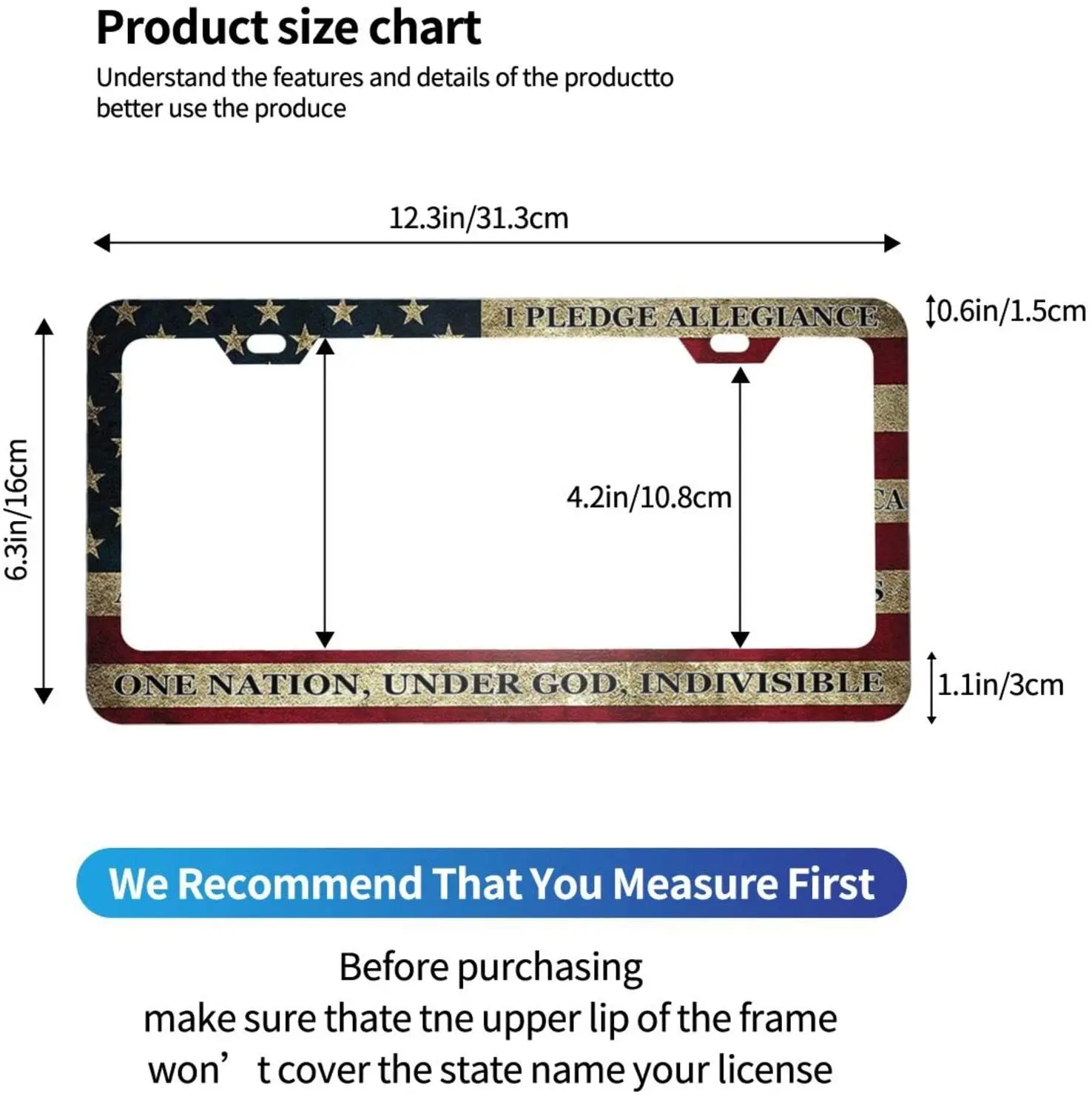Retro American Flag Pattern License Plate Frame Quality Aluminum Custom License Plate Cover 2 Holes for US Standard Vehicles