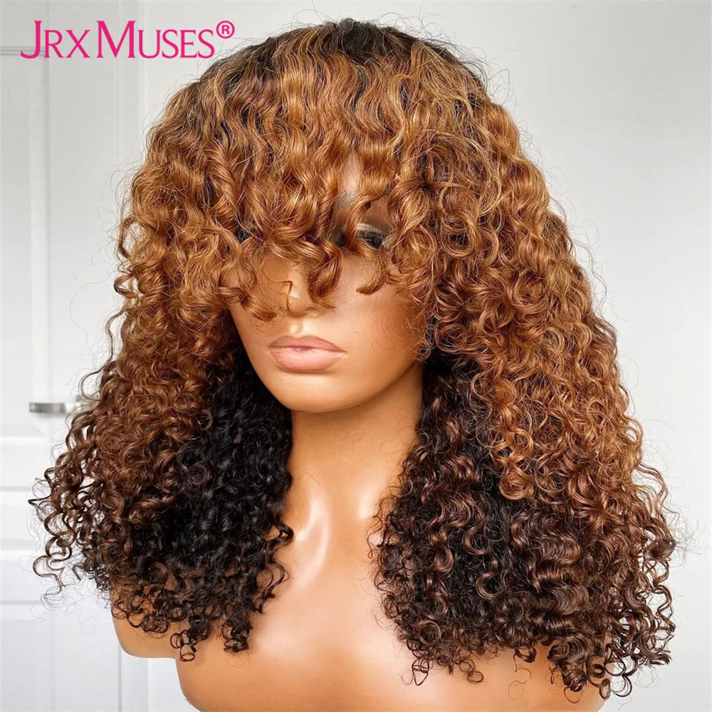 

Ombre Brown Colored Full Machine Made Wig With Bangs Jerry Curly Brazilian Remy Highlights Blonde Human Hair Wig For Black Women