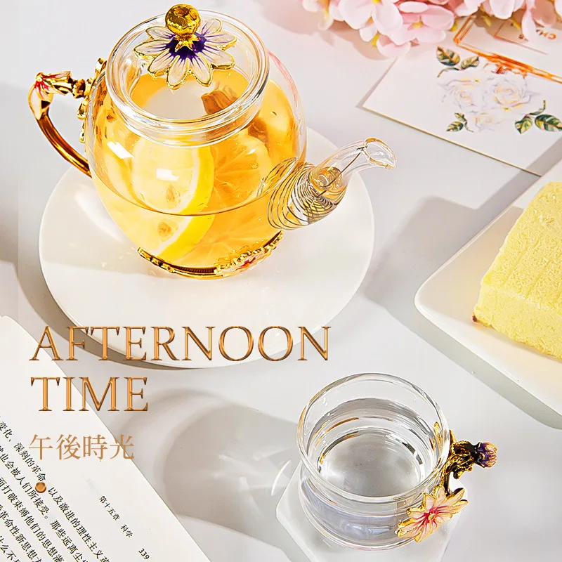 Beautiful Enamel Crystal Tea set daisy Glass Teapot for Hot and Cold Drinks Home Drinkware Office kettle Teaware set coffee pot