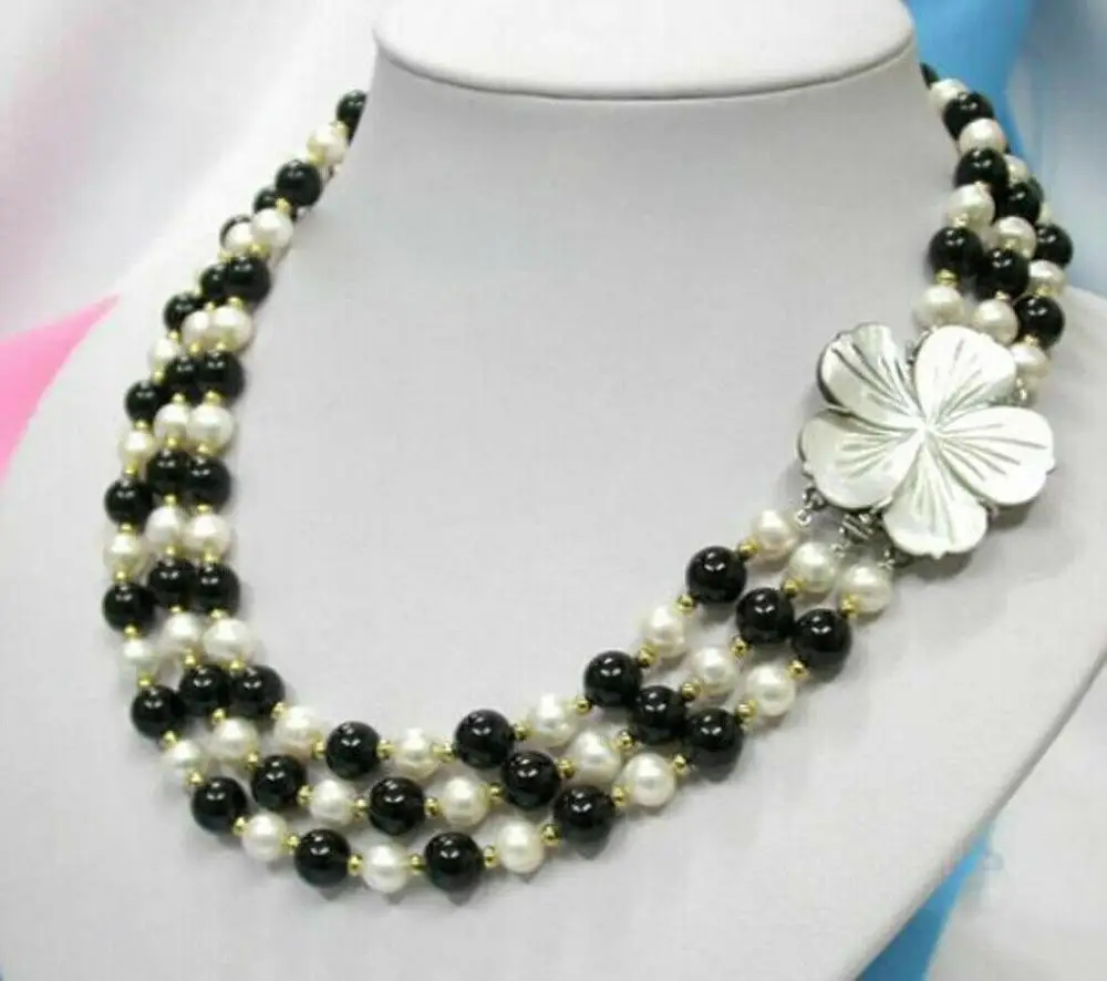 

3 Rows 7-8mm White Pearl & 8mm Black Agate Necklace 17-19'' Shell Flower Clasp