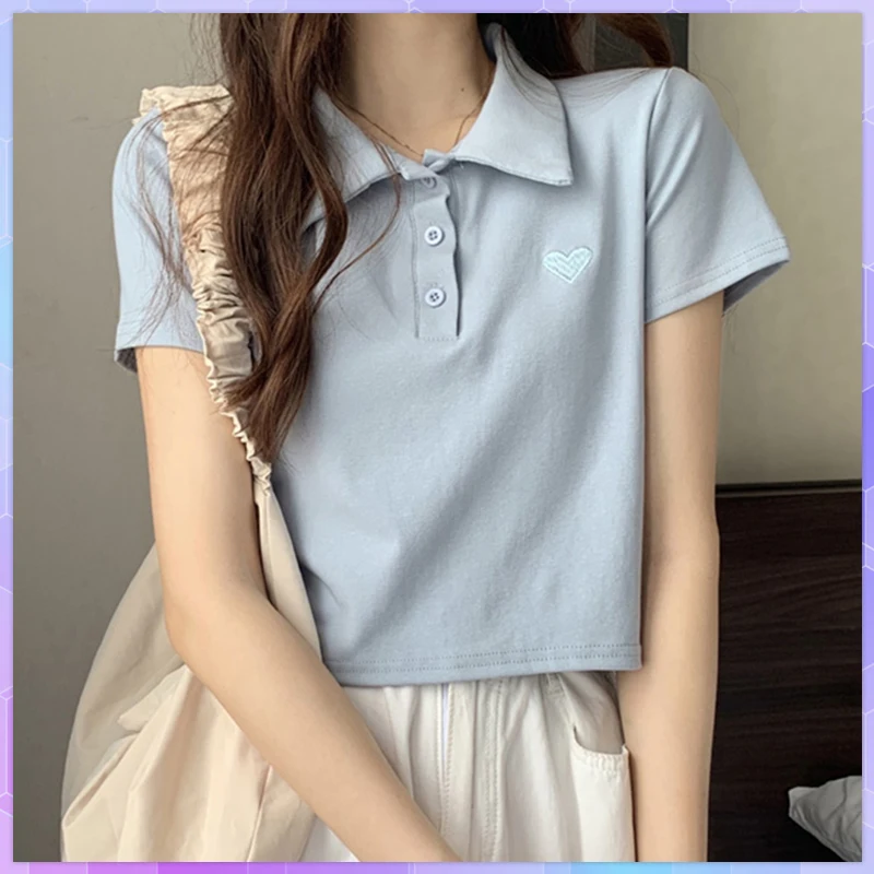 Heart Embroidery T-shirt Summer 2021 Short Sleeve T-shirts Japanese Solid Crop Top Polo Collar Tee Shirt Woman Clothes Blusas