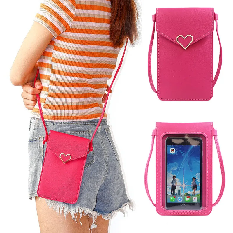 Fashion Touch Screen Cell Phone Purse Transparent Simple Bag New Hasp Heart Wallets Smartphone Leather Shoulder Light Handbags