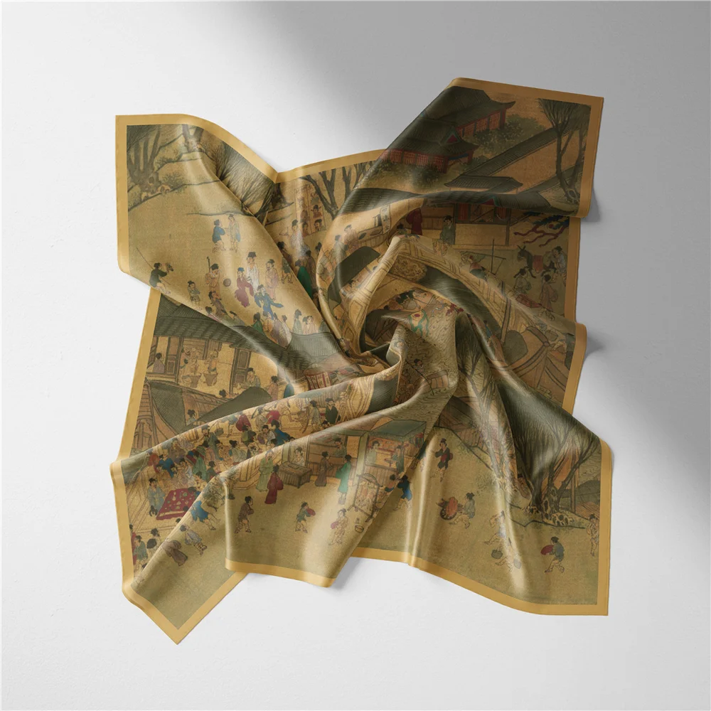 Twill Silk Scarf Woman China Style Painting Square Scarves Wraps Bandana Small Hijab Silk Foulards Tie Headband Neckerchief 53CM