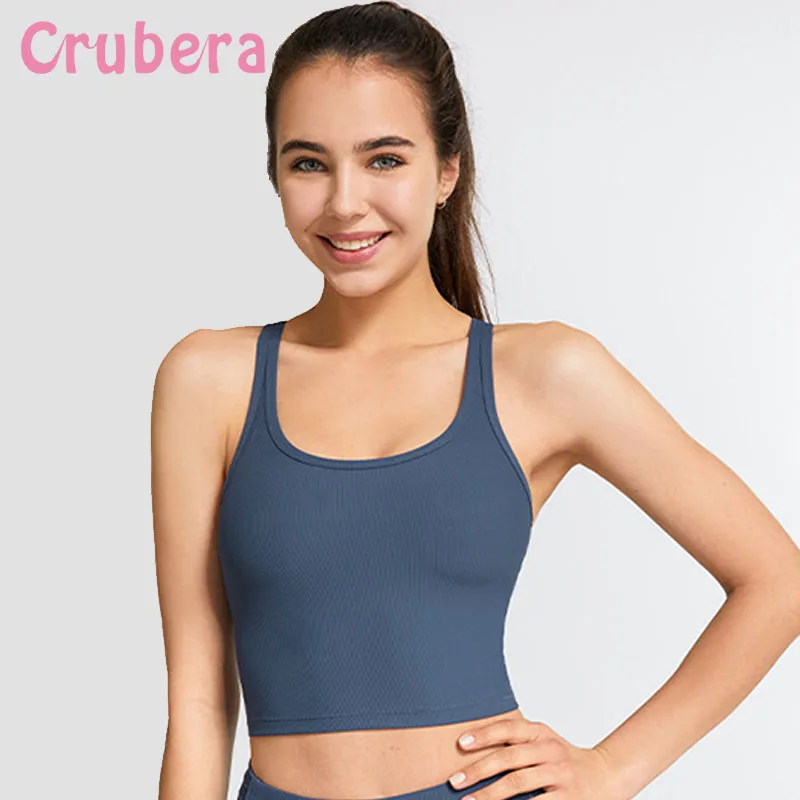 

CRUBERA Ribbing Buttery Soft Exercise Gym Sport Ladies Racerback Padded Workout Fitness Running Crop Tank Bras Vest Crop Tops