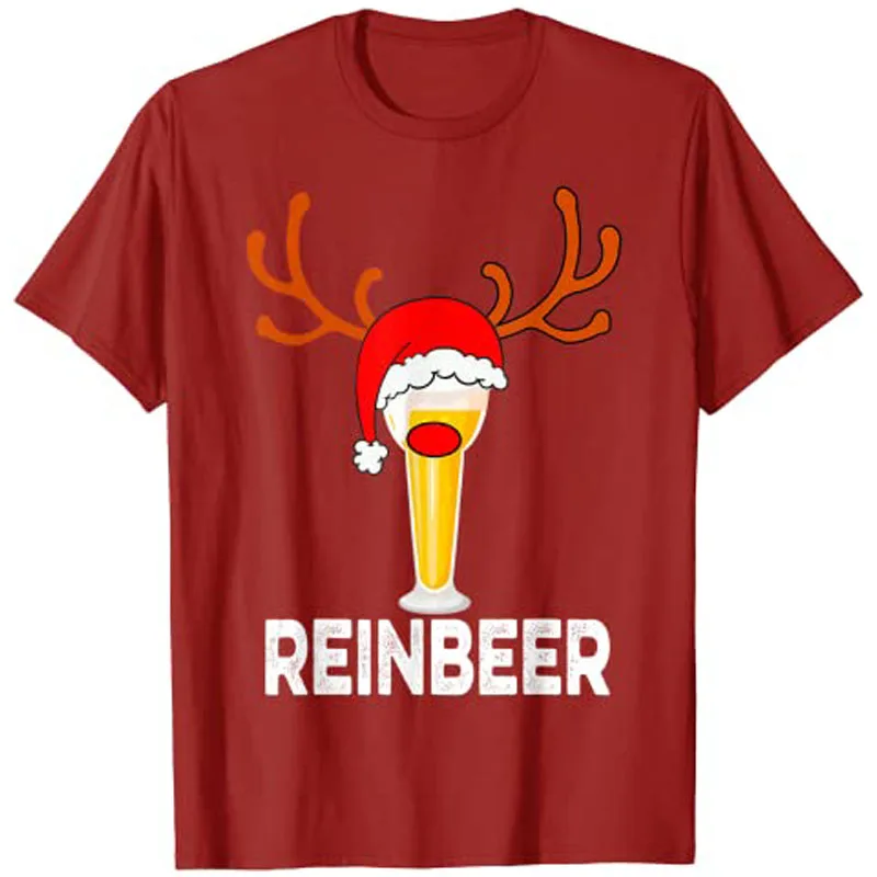 Reinbeer Santa Claus Reindeer Beer Funny Christmas Drinking T-Shirt Tops Graphic Tee