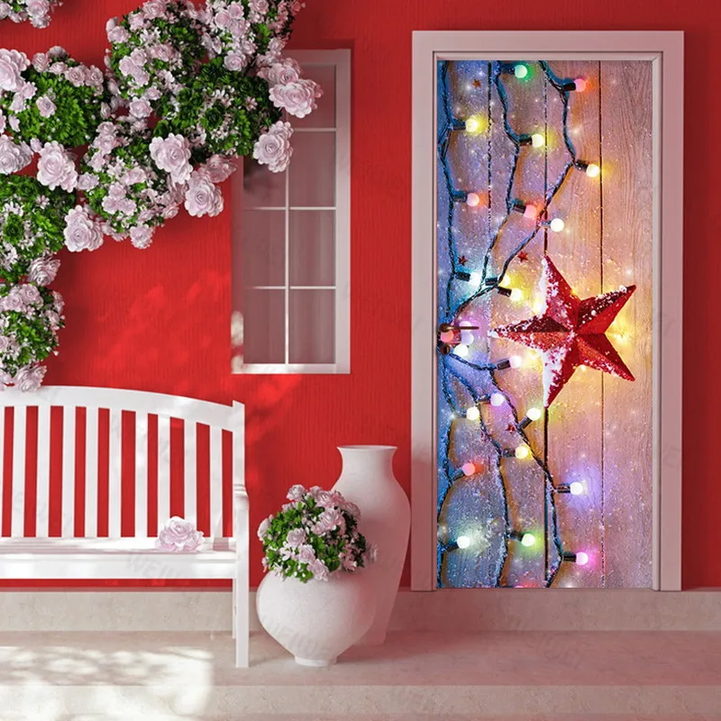 Christmas Light Red Five-Pointed Star Wallpaper Pvc Self-Adhesive Waterproof Mural Picture 3D Restaurant Door Stickers Christmas