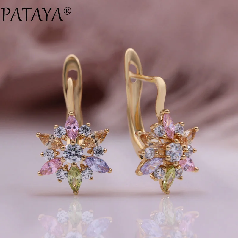 PATAYA New 585 Rose Gold Color Multicolor Natural Zircon Earrings Gifts for Women Fashion Jewelry Luxury Quality Flower Earrings