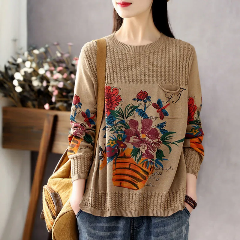 2022 Spring New Ice Silk Sweater Retro Fashion Women\'s Round Neck Sweater Long-Sleeved Loose Printed Knit Sweater Women Pullover