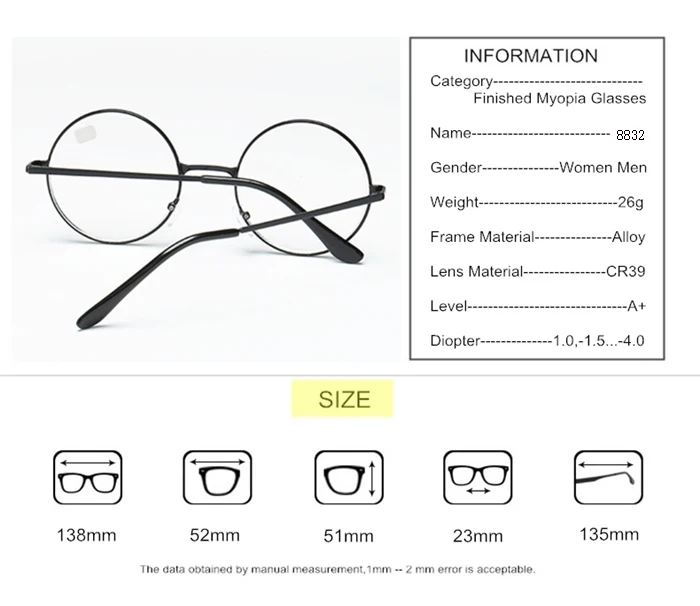 Runde Myopie-Brille für Damen und Herren, Retro-Metallbrille mit klaren Gläsern, kurzsichtige Brille, schwarz, silberfarben, goldfarbene Rahmen, -1,0, -1,5, -2,0 bis -4,0 – Detail 4