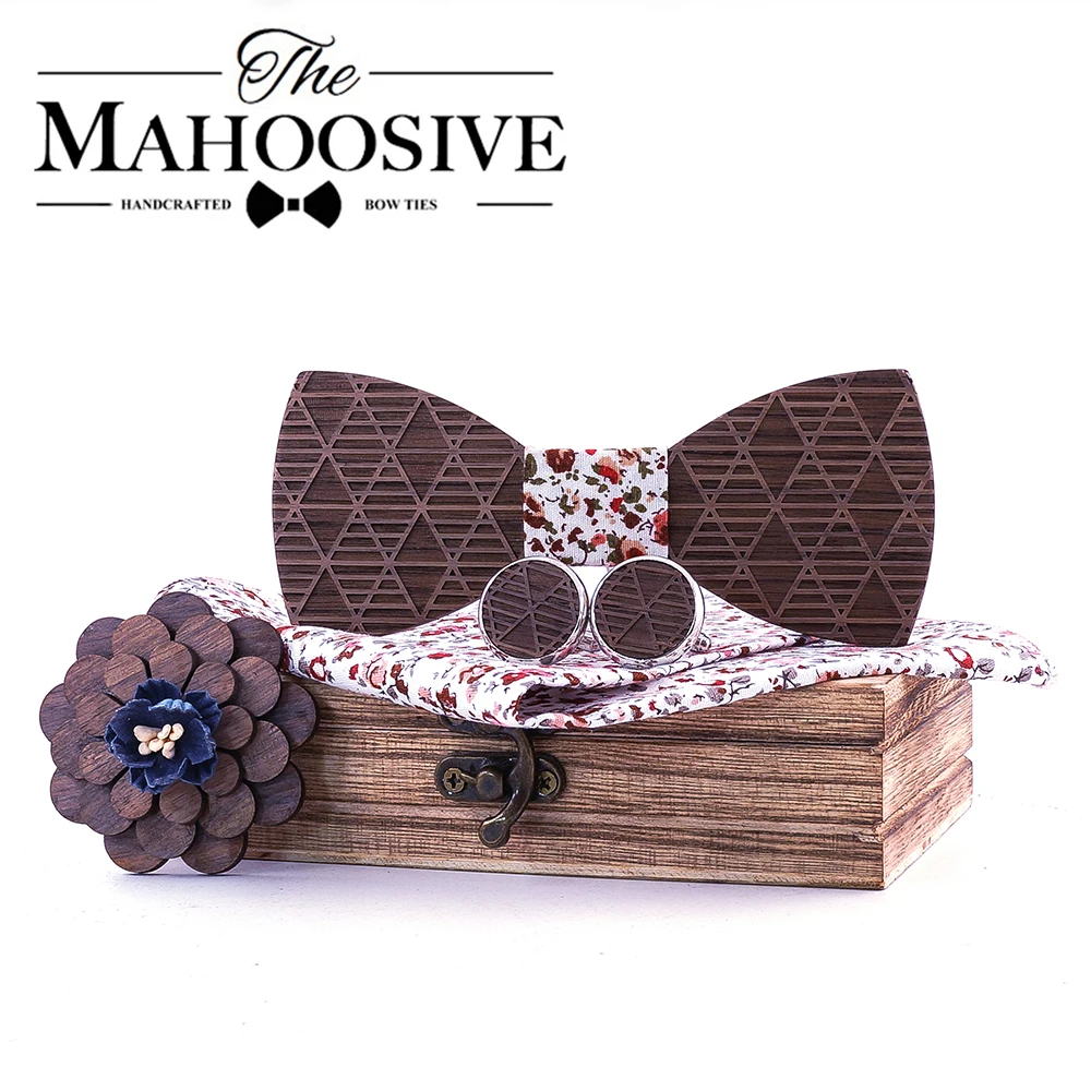 

Wood design handmade Wooden bow tie brooch wooden box set wedding party banquet cufflinks handkerchiefs lapel flowers