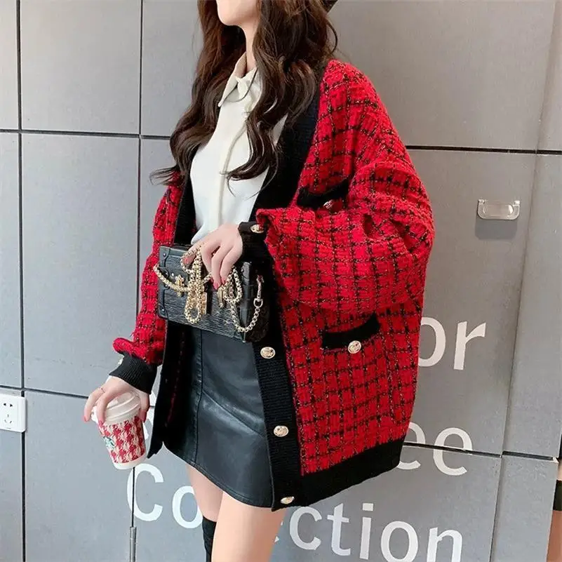 Women Sweater Coat 2022 Thicken Knit Cardigans Women Jacket Loose Plaid Long Sleeve Coat Korean Style Coat Sueter Feminino