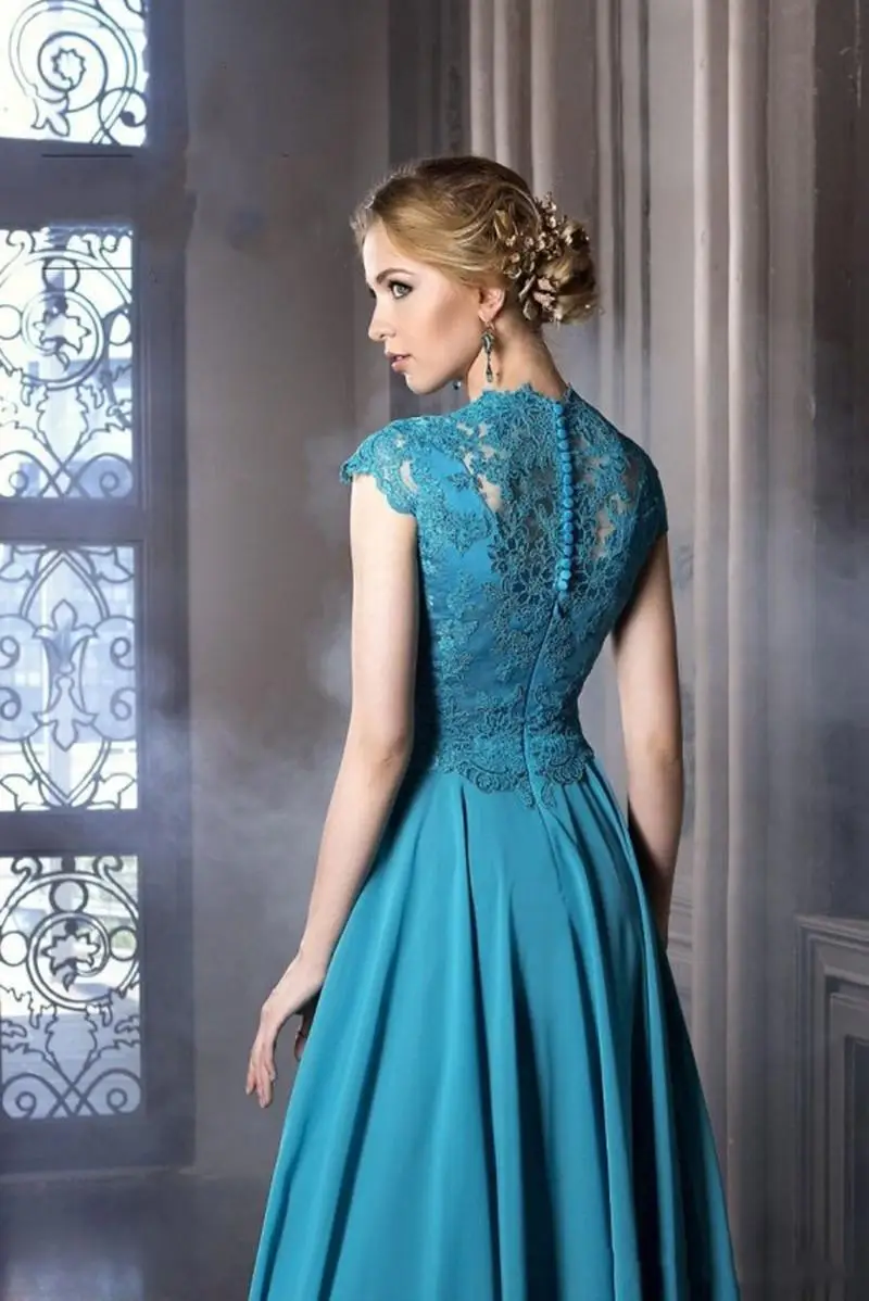 Lake Blue Mother of the Bride Dresses V-Neck Capped Sleeve Appliques Lace A-Line Wedding Guest Woman Evening Gowns Formal