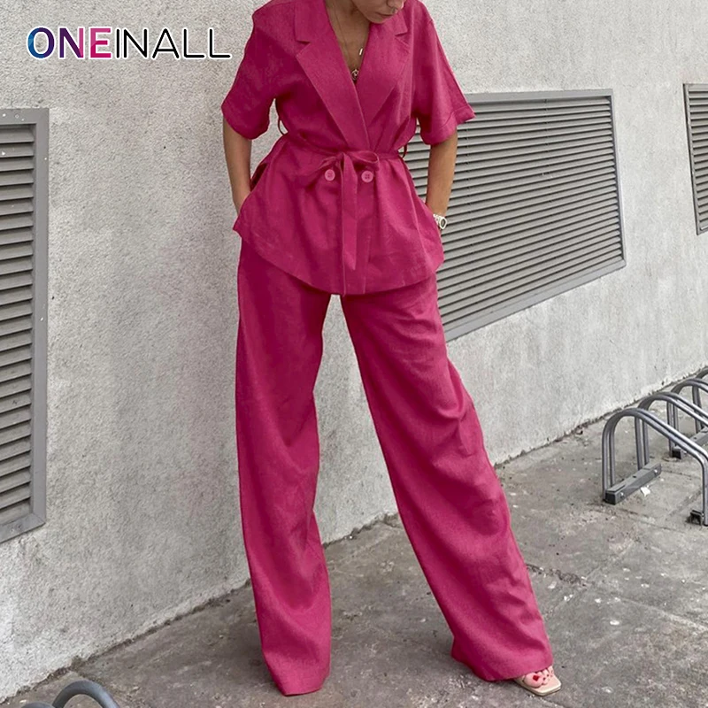 

ONEINALL Casual Two Piece Set For Female Lapel Short Sleeve Lace Up Shirts Full Length Pants Women's Trousers Suits 2021 Stylish