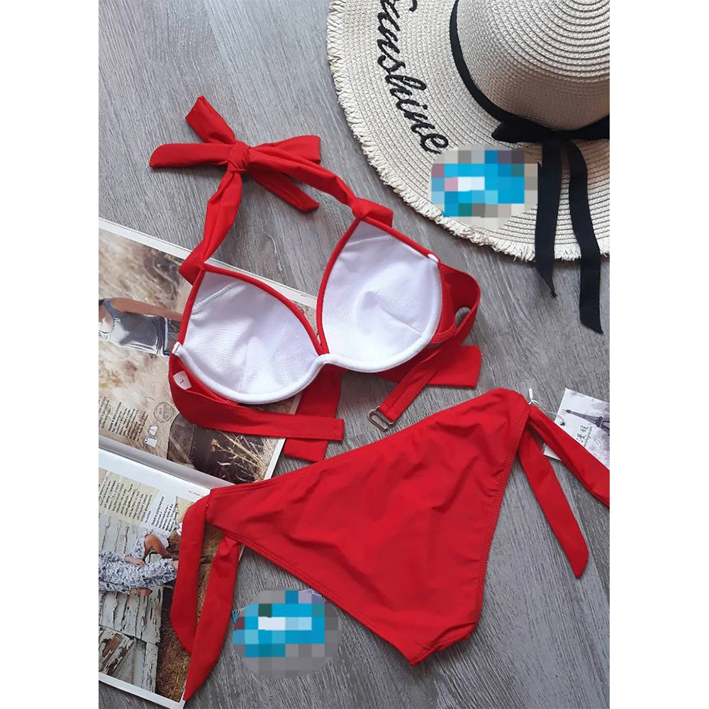 Bikini con cuello Halter para mujer, traje de baño Sexy de color rojo y negro, unicolor, con relleno de realce y aros, 2022