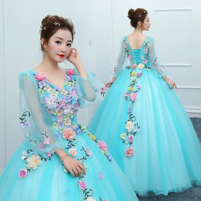 

Sweet Flowers Quinceanera Dresses Applique Long And Short Styles Tulle Ball Gown Women V Neck Full Sleeve Vestidos De 15 Anos