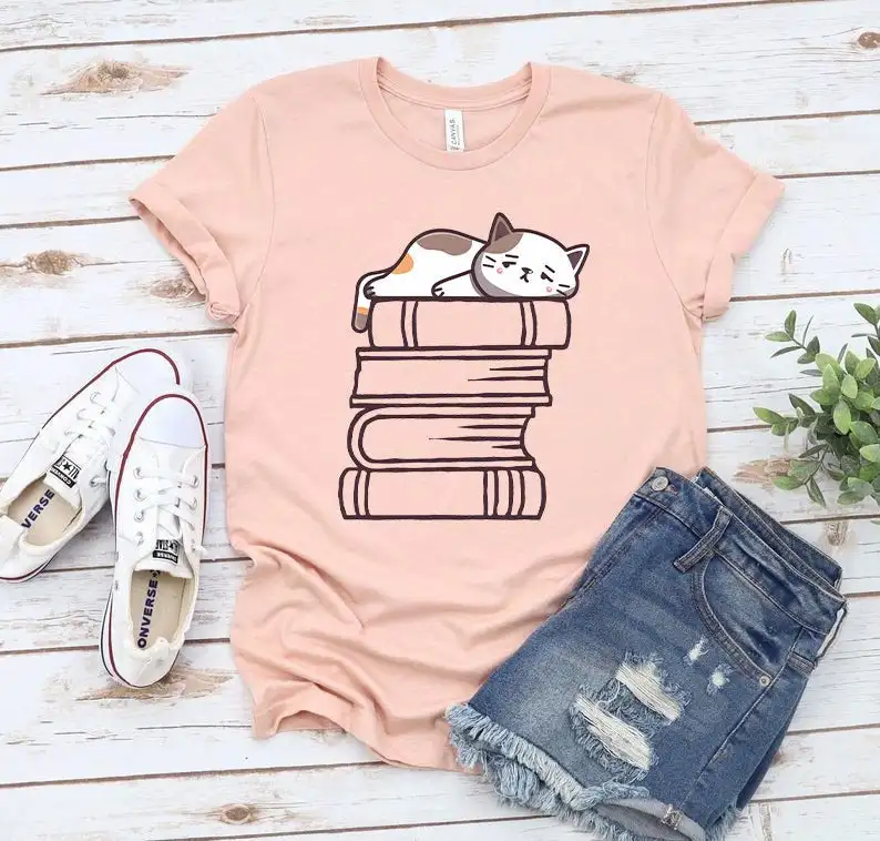 Camisa de Lectura de libro y gato para mujer, 100% de algodón de talla grande ropa divertida, cuello redondo, Top de manga corta para niña