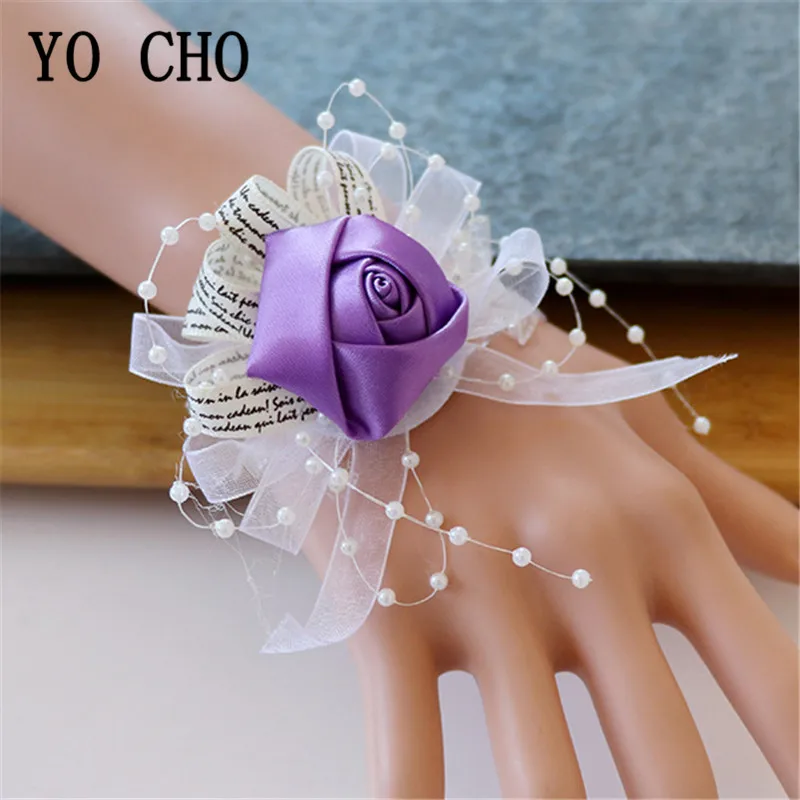 YO CHO 실크 플라워 커프 팔찌 신부 들러리 손목 Corsages 웨딩 Corsage 팔찌 신부 Corsages 웨딩 팔찌 여성용