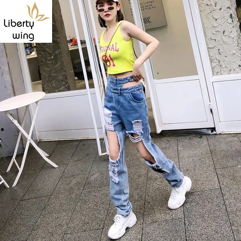 2020 New Summer Hole Ripped Frayed Jeans Woman Hip Hop Casual Harem Trousers Fashion Streetwear High Waist Denim Pants Female