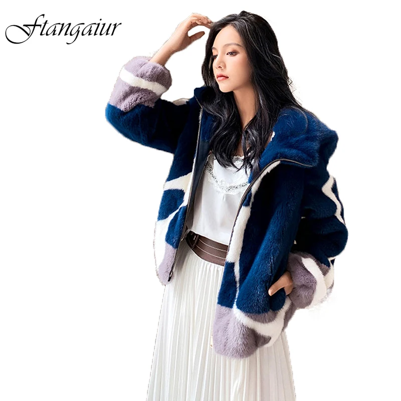 Ftangaiur New Winter Import Purple label Velvet Mink Fur Coat Contrast Color Hood Mink Coat Women Short Real Mink Fur Coats