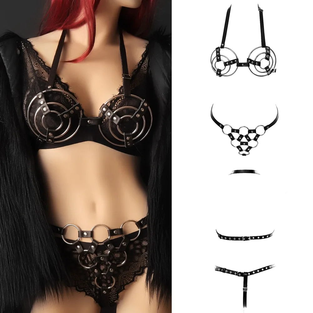 

Metal Ring Accessories Leather Punk Goth Body Bondage Sexy Lingerie Fetish Erotic Women Underwear Set Harness Belt Waist Size