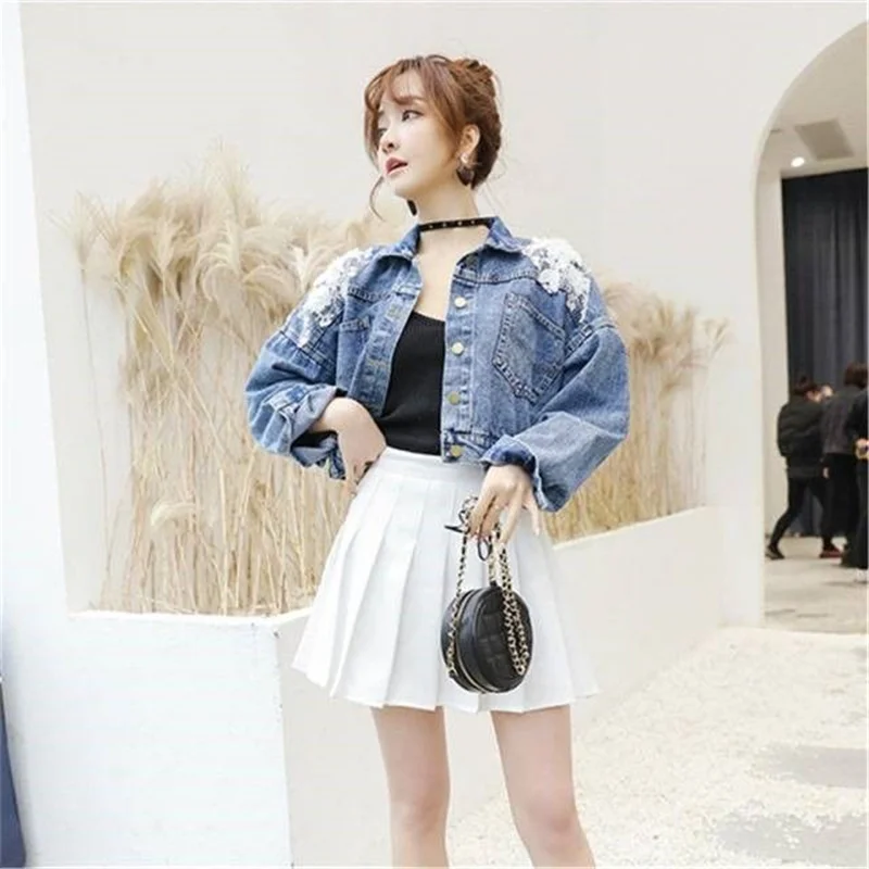 여성용 데님 재킷, 한국 입체 꽃 자수 체인 태슬, 루즈한 박쥐 소매 청바지, 짧은 F 재킷, 봄 가을
