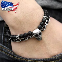 Black Lava Beaded Bracelet for Men Stainless Steel Double Layered Wheat Link Skull Charm Bracelets Male Halloween Jewelry LDB183