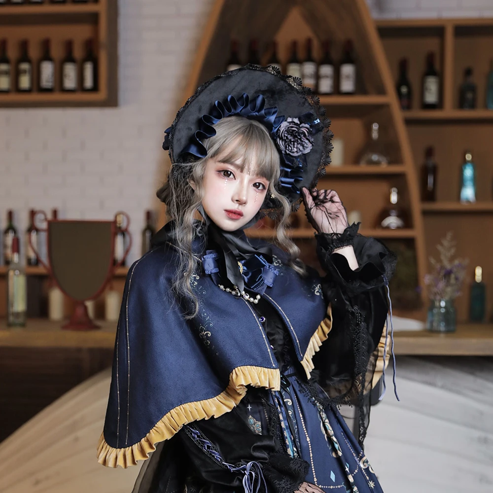 Melonshow Gothic Lolita Cape Women Vintage Coat Blue Autumn Spring Cloak Short Goth Tops Girls Outerwear Shawl Poncho