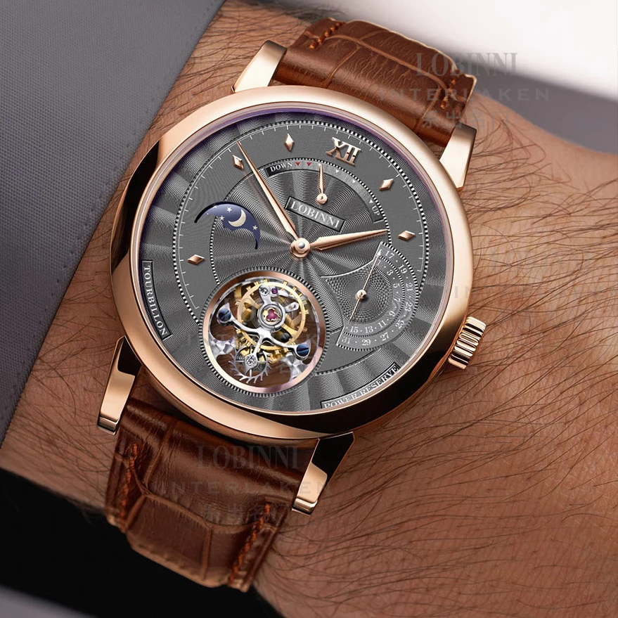ساعة LOBINNI Real Tourbillon للرجال حركة النورس ساعة ميكانيكية زجاج الياقوت مرحلة القمر ساعة ميكانيكية متعددة الوظائف