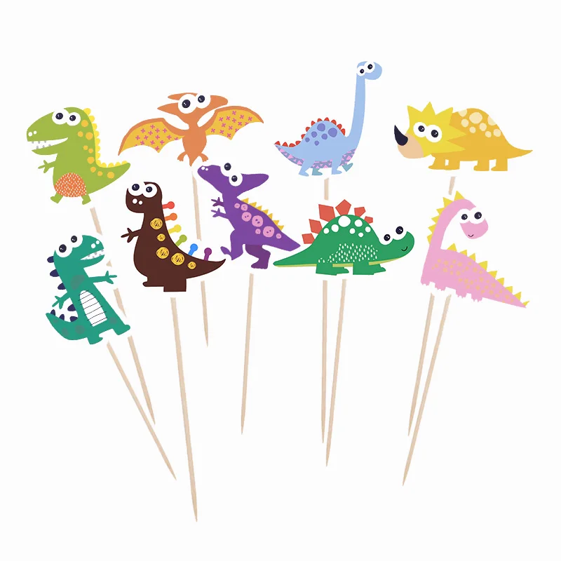 

9pcs Happy Birthday Dinosaur Theme Paperboard Cupcake Toppers With Sticks Baby Shower Event Dino Party Decorations Cake Toppers