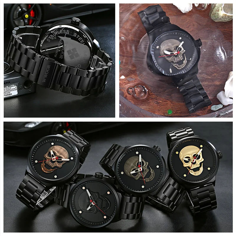 WWOOR Fashion Pirate Style Skull Watch Men Top Brand Luxury Men Waterproof Stainless Steel Quartz Wrist Watches Sports Men Clock