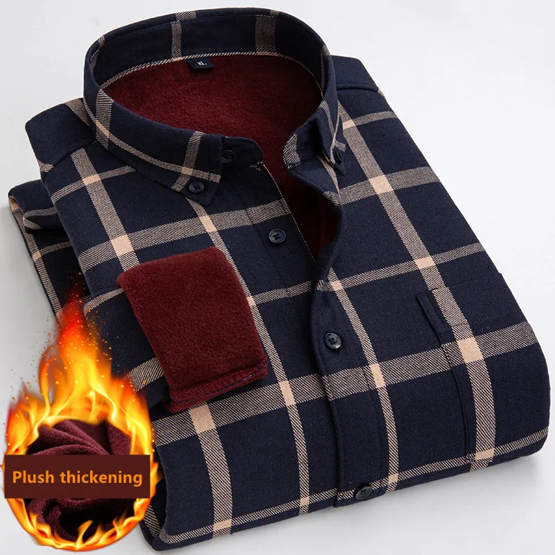 2021 Autumn Winter Men Fleece Shirt  Male Long Sleeve Plaid Shirt Thick Fleece Lined Soft Casual Flannel Warm Dress Shirt M-4XL