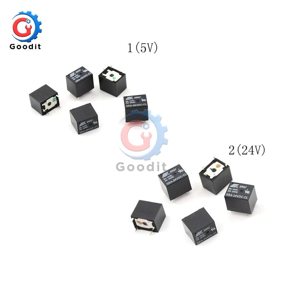 5V 12V 24V 20A DC Power Relay SRA-05VDC-CL SRA-12VDC-CL SRA-24VDC-CL 5Pin PCB Type In Stock Black Automobile Relay