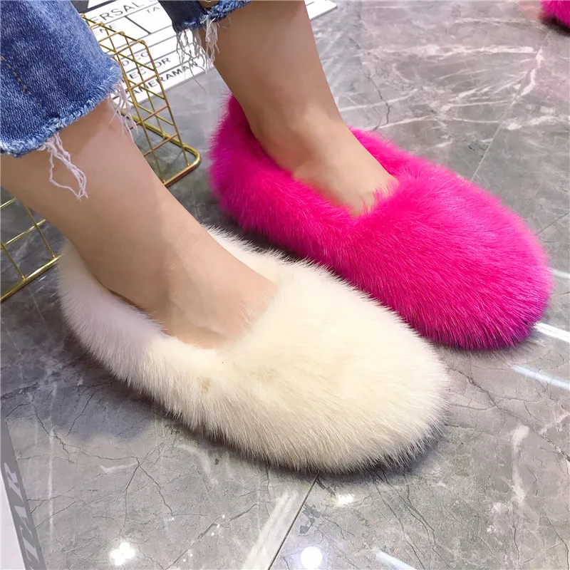 Real Mink Fur Women Flats Winter Warm Flat Shoes Woman Outside Loafers Espadrilles Ladies Driving Fur Shoes Moccasins