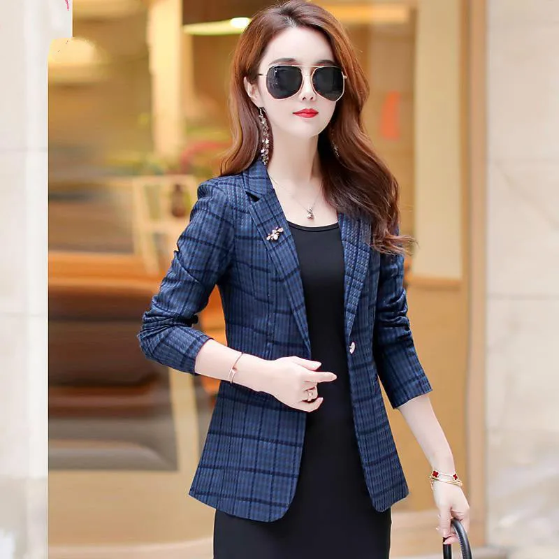 PEONFLY  Spring Plaid Blazer Femme Double Breasted Suit Jacket for Women 2024 Oversized Vintage Americana Mujer Outwear