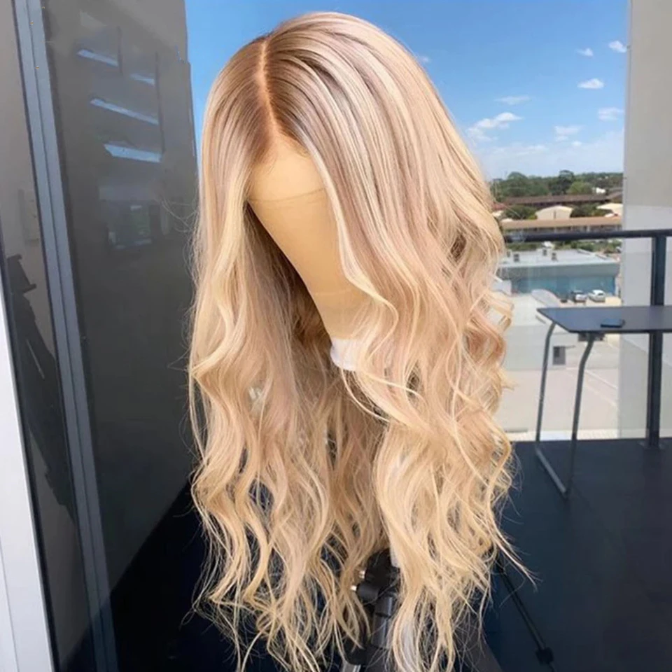 

Highlight Wig Blonde Lace Front Wig Ombre Body Wave Synthetic Hair Lace Closure Wig Middle Part Long Wave Hair