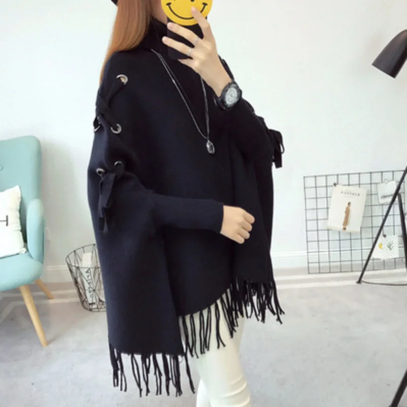 Women Cloak Sweater Drawstring Solid Casual Loose Batwing Sleeve Knitted Cape Pullover Spring Autumn Tassel Ladies Jumper Poncho