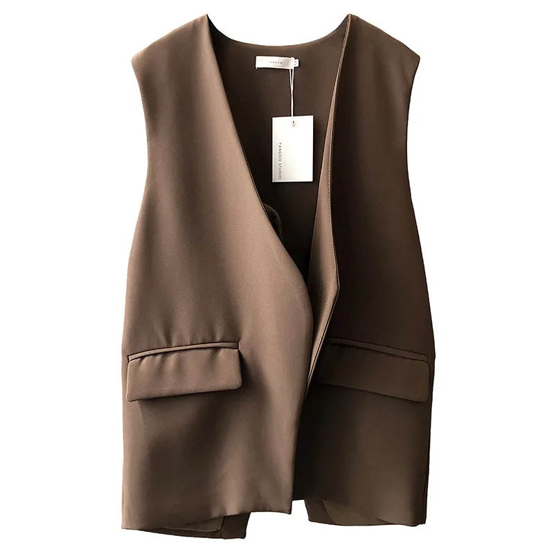 80089 Fall Women Suit Vest V-Neck Sleeveless Korean Fashion Slit Loose Elegant Solid Color All-Matching Office Ladies Waistcoat