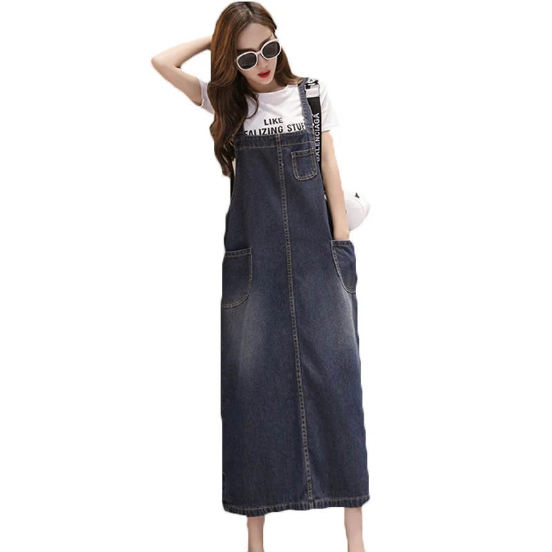 2022 Vintage 6XL Denim Váy Đầm Mùa Hè Mới Đầm Denim Rời Dây Đeo Cổ Màu Xanh Áo Liền Quần Quần Jean Đầm N632