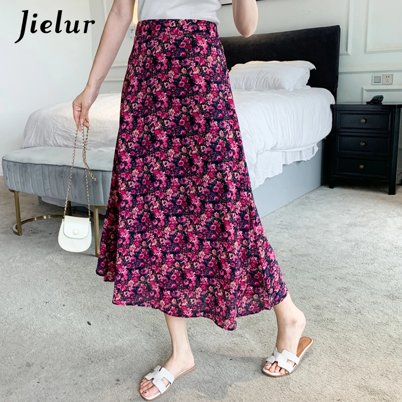 Jielur 2021 Fashion Floral Chiffon Rock Weibliche Lose A-linie Hohe Taille frauen Röcke Romantische Ölgemälde Druck Dame Faldas