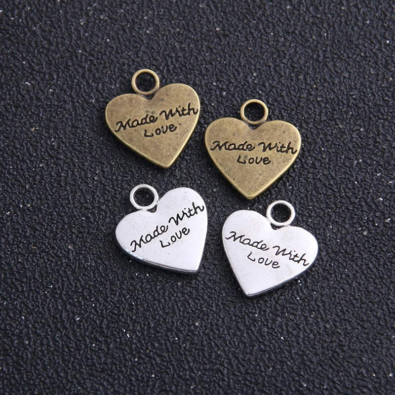 6pcs/lot 18*20mm Two Color Vintage Metal Alloy Hearts Made with Love Charm Jewelry Heart Charms