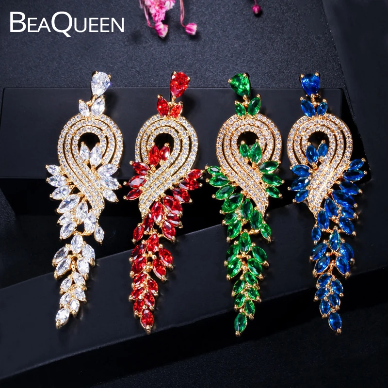 

BeaQueen Elegant Long Dangle Drop Wedding Earrings Dubai Gold Color Green Blue Red CZ Crystal Leaf Jewelry for Women E032